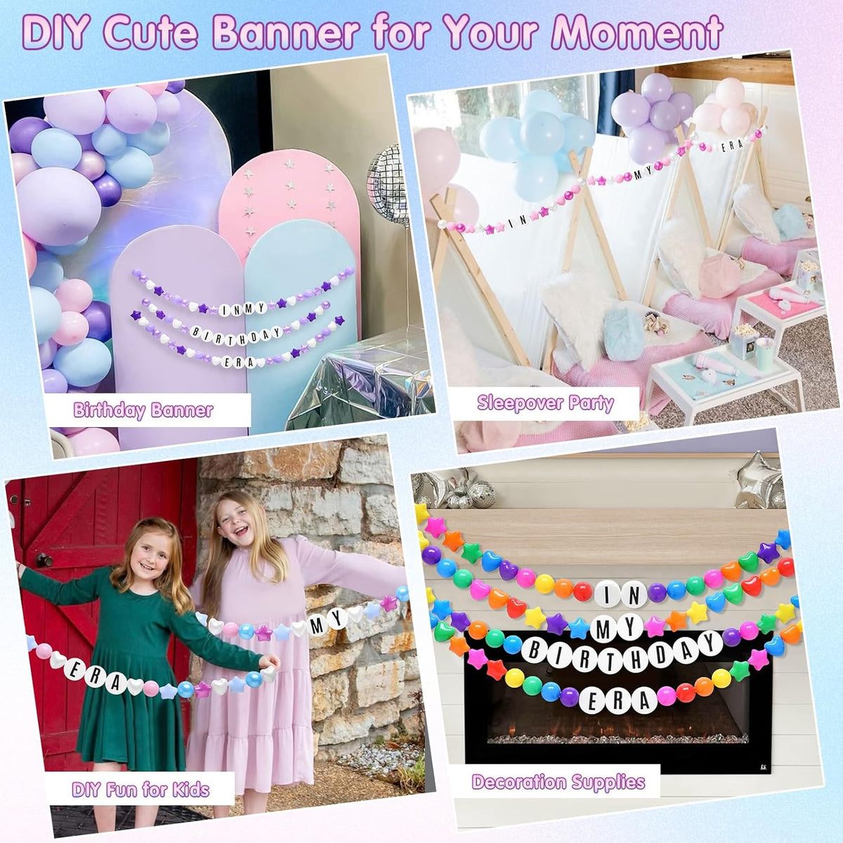 DIY Giant Friendship Bracelet Birthday Garland Kit with Letters Ball Customizable Banner for Christmas Wedding Kpop New Year Party Decorations Ball Plastic Balls Stars DIY Supplies(Black/Gray/White)