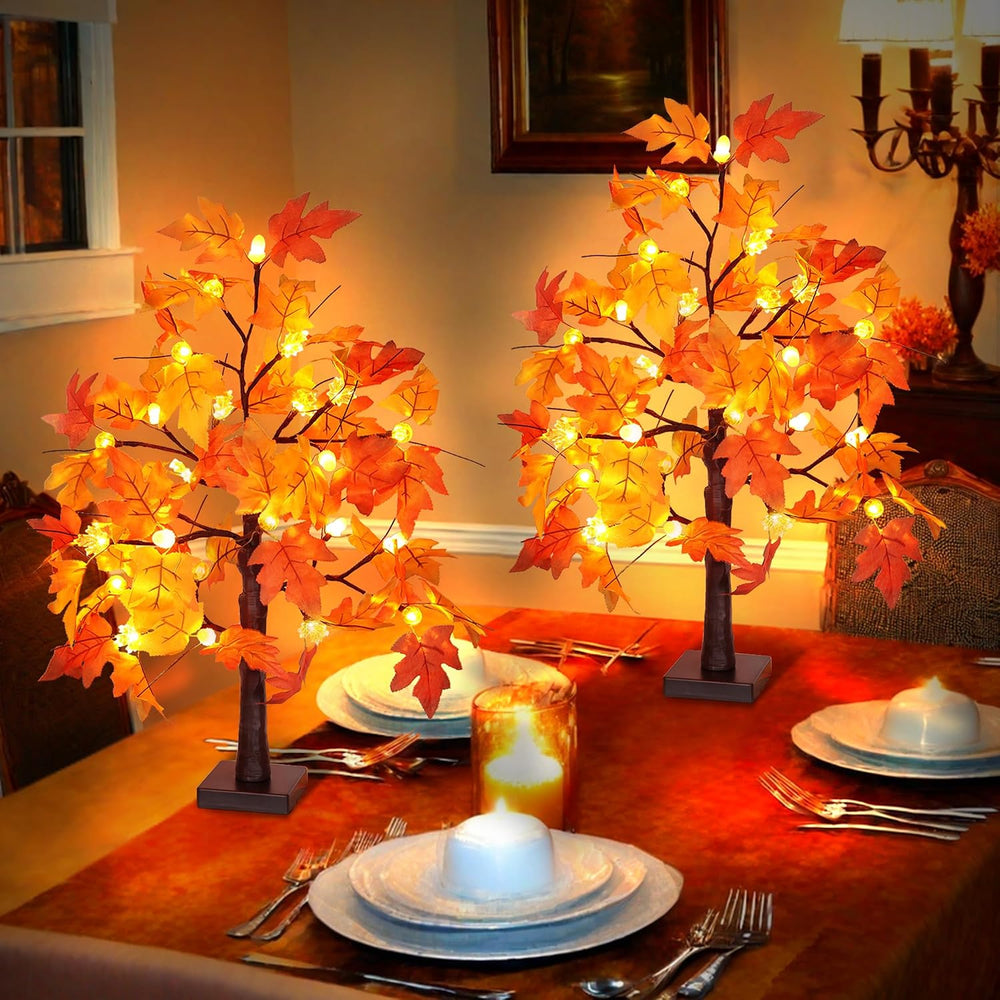 2 Pack 24 Inch Fall Maple Tree with 48LED Thanksgiving Table Decorations Batt...