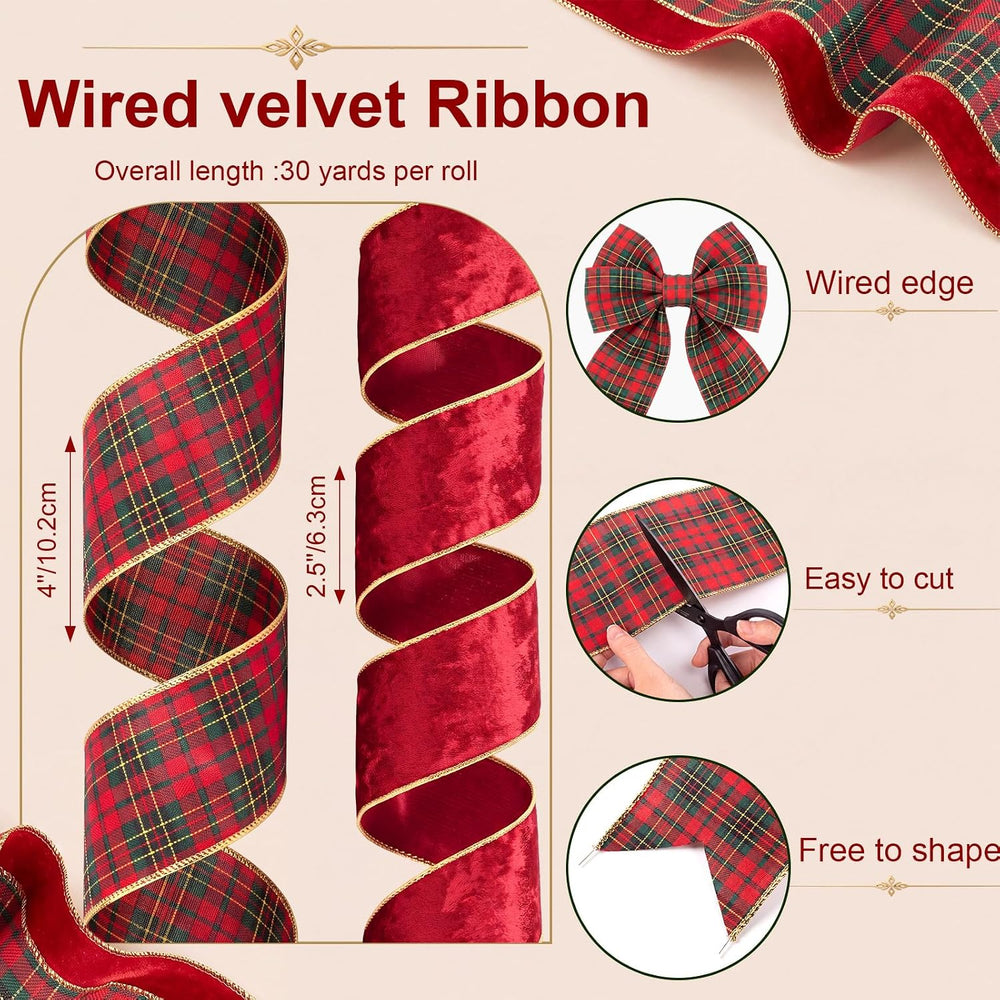 Dilunave 2 Rolls Christmas Wired Ribbon, 4 Inch 2.5 Inch 30Yards, Red