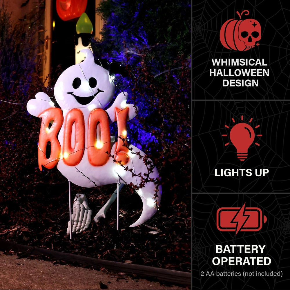 Haunted Hill Farm 2-Ft. White LED Boo Halloween Sign with Friendly Ghosts