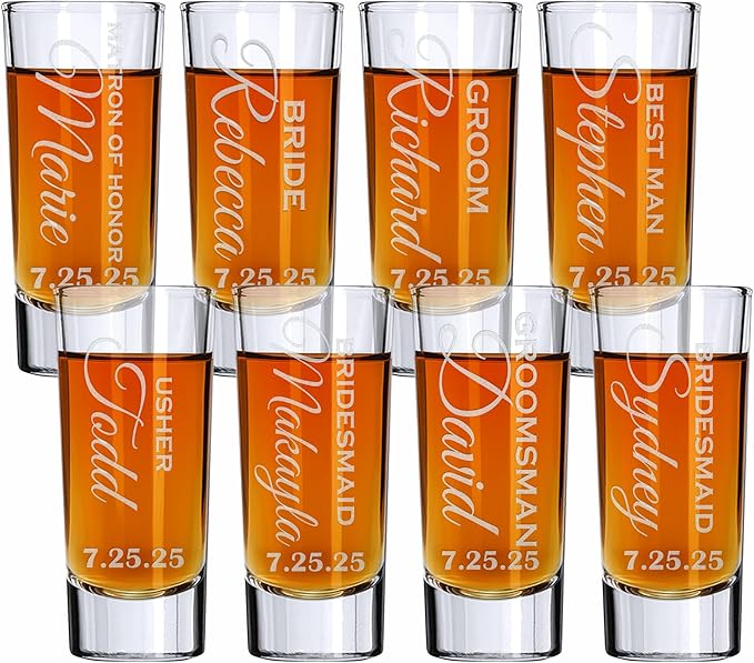 Custom Engraved 2 oz Shot Glass – Personalized Etching – Groomsman & Bridesmaid Gift – Wedding Favor Set of 8