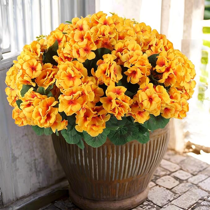 Hananona Artificial Geranium Flowers for Outdoors Geranium Silk Flowers Outdoor UV Resistant Garden Plants Faux Flowers for Home Kitchen Table Centerpieces Decor (12, Yellow) (12 Pcs)