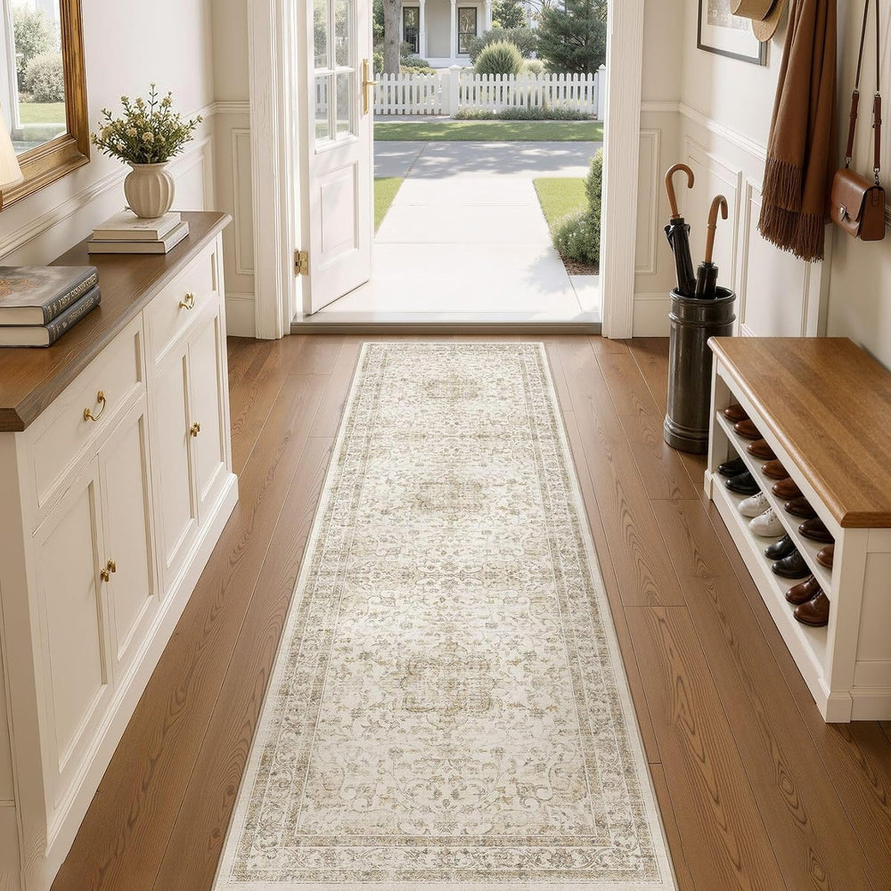 Washable 3x8 Runner Rug: Non Slip Soft Vintage Beige Entry Area Rug