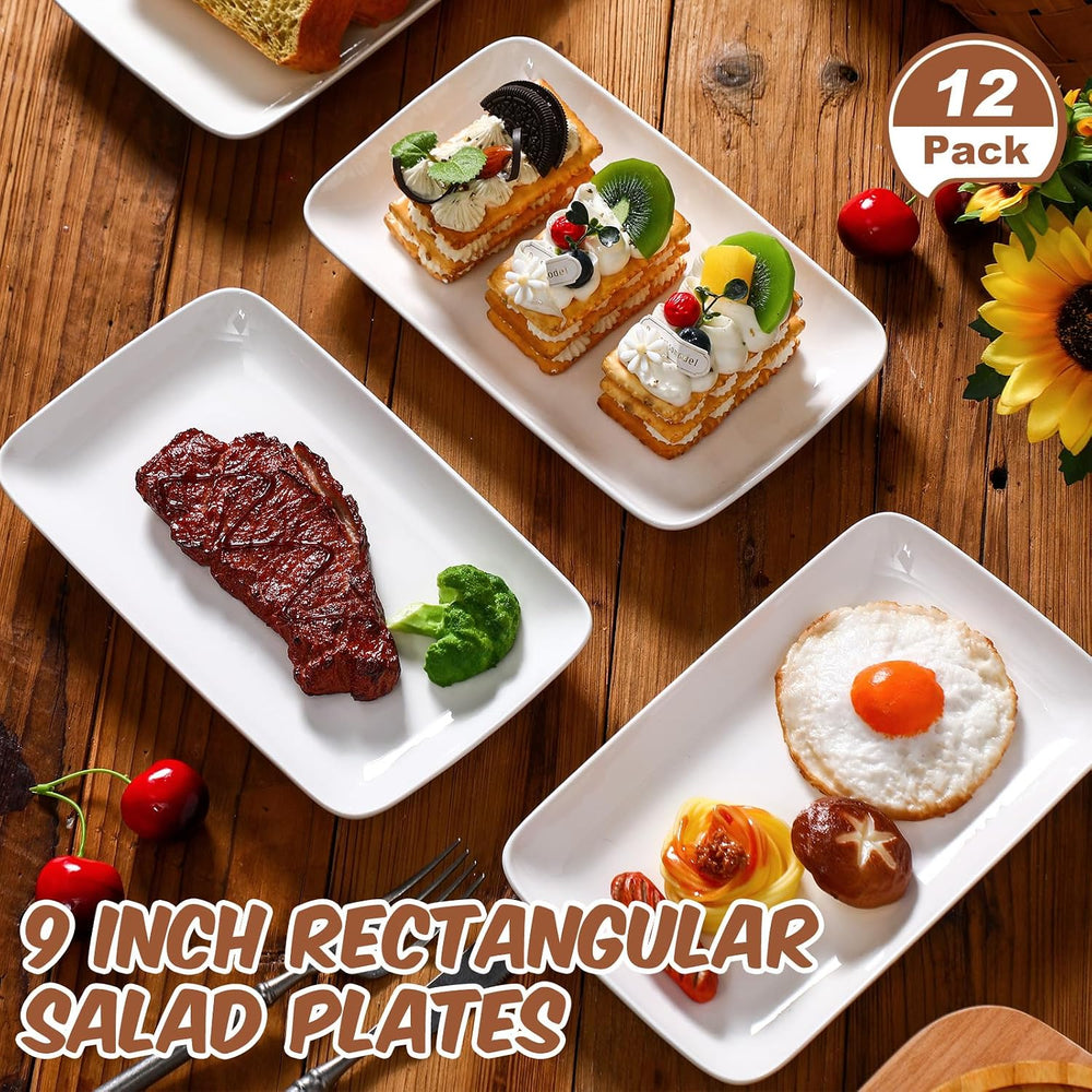 Irenare 12 Pcs 9 Inch Rectangular Salad Plates White Rectangular Porcelain De...