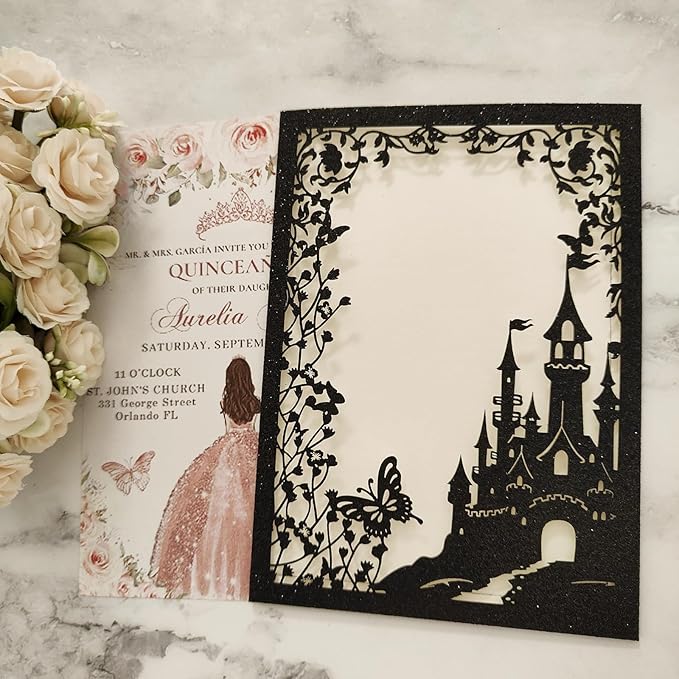 20PCS Castle Pocket Invitations, Quinceanera Invitations with Envelopes, Princess Invitation, Laser Cut quince invites (glitter black)