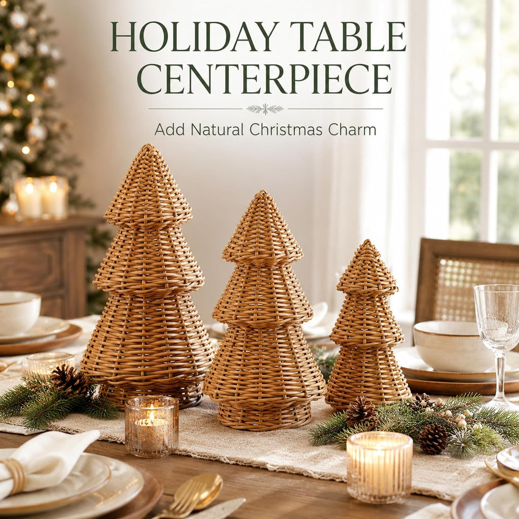 MiniInflat 3 Pcs Woven Rattan Christmas Tree Decor, Classic Weave, Burlywood