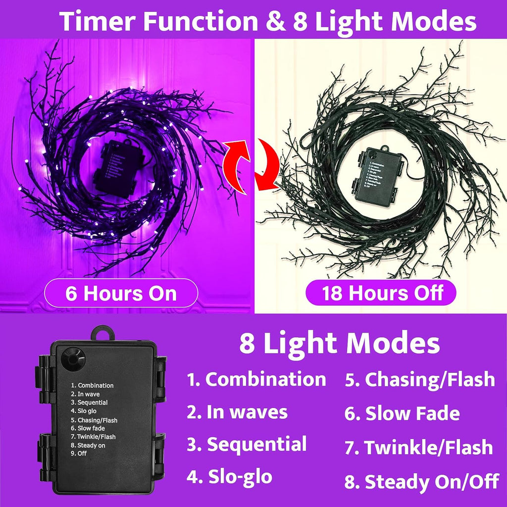 Couah [8 Modes & Timer] 9 Ft 72 LED Halloween Willow Vine Twig Garland with Purple Lights Battery Operated Indoor/Outdoor Wall Fireplace Mantle Halloween Decorations