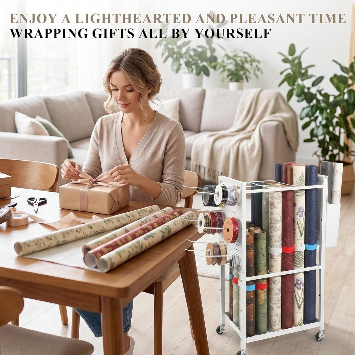 adjustable wrapping paper organizer cart with hooks &, package contents