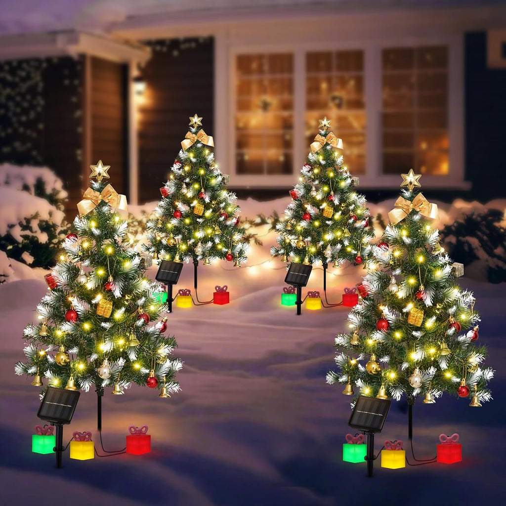 Mini Christmas Tree Solar Lights, Outdoor Decorations, 4 Pack