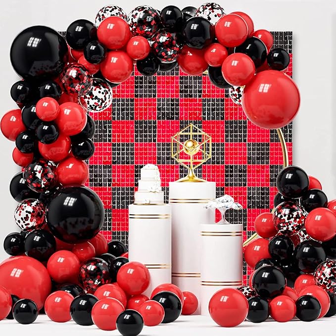 12PCS Black Red Shimmer Wall Backdrop, Square Sequin Photo Backdrops Panel, Glitter Wall Background for Birthdays, Weddings, Christmas, Halloween, Disco Bachelorette Party Decor (3FTx4FT)