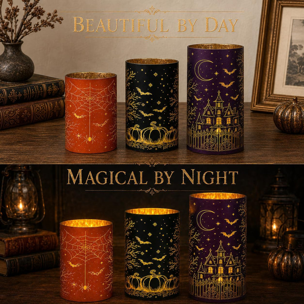 Wind Shear Halloween Glass Lanterns Set of 3, Lighted Decor