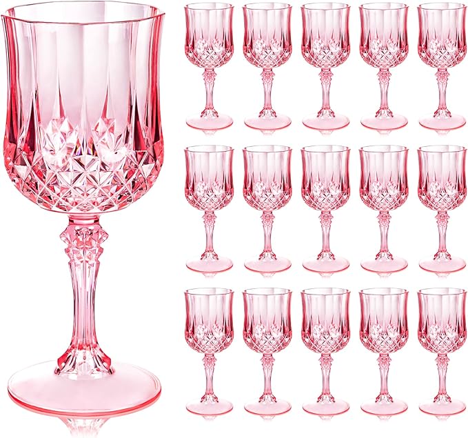 Ciaell 24PCS Pink Plastic Wine Glasses - 7 Oz Plastic Goblets for Party - Pink Vintage Drinking Glasses - Disposable Water Goblets Set for Wedding, Bar, Wine, Beer, Juice, Cocktail, Whiskey