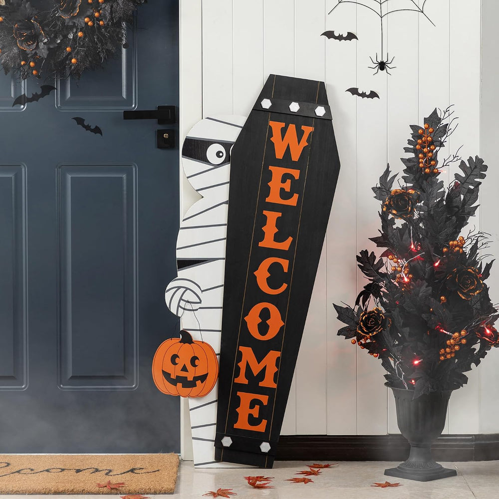 Glitzhome 38"H & 42"H Halloween Wood Mummy & Welcome Coffin...