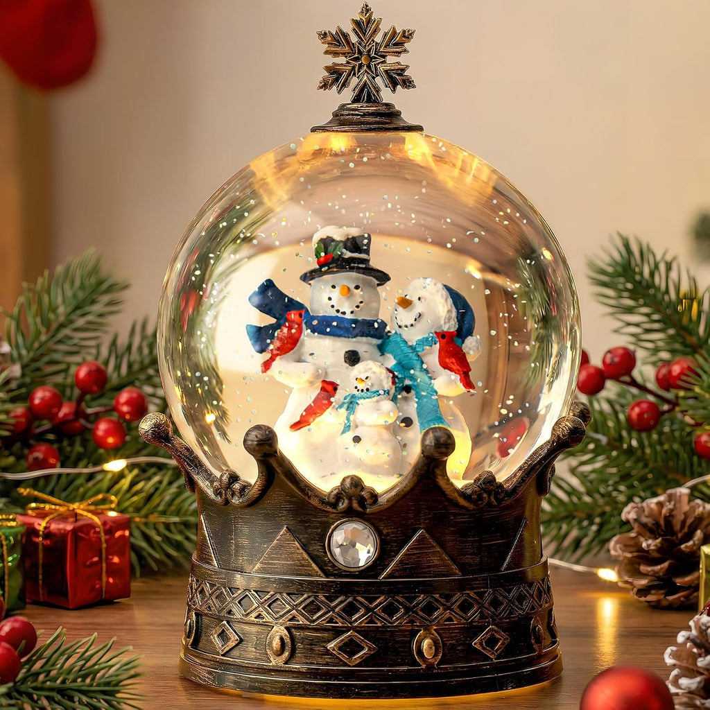 Snow Globe Lighted Christmas Decorations, Snowman Family Musical Crown Snow Globe Lantern with Swirling Glitter, Christmas Holiday Party Gifts and Decorations