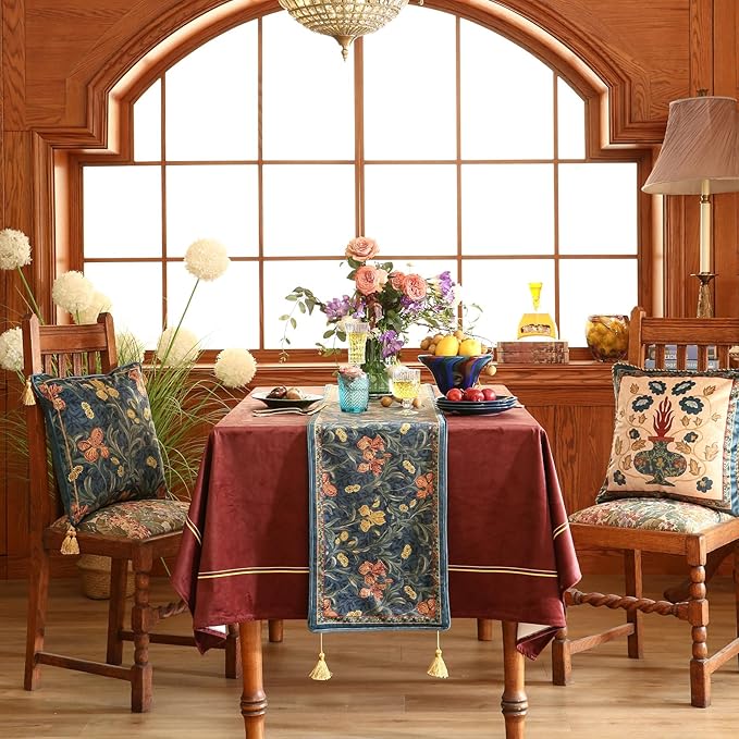patdrea Designer Casual Wild Floral Velvet Table Runner 118 Inch Long, Dark Blue Occult Bouquets Pattern Table Mat, Decoration for Kitchen Dining Coffee Table Cabinet Banquet Thanksgiving,12"*118"