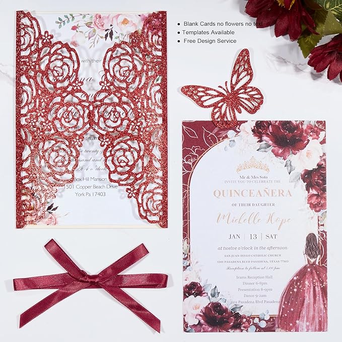 50pcs Burgundy Glitter Wedding Invitation Butterfly Rose Laser Cut Invitation Sleeve with Personalized Invitations Card, White Envelopes, for Wedding Bridal Shower Engagement (Default Blank Card)