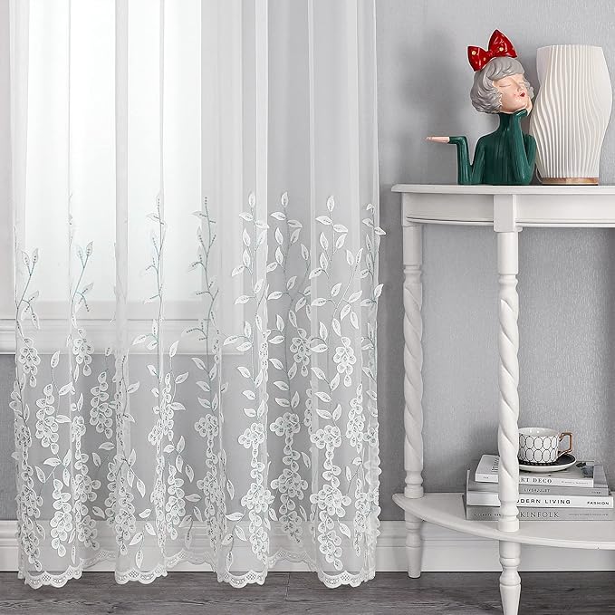 VISIONTEX White Sheer Voile Curtains, Decorative White Embossed Leaves Rod Pocket Window Drapes for Home Kitchen, Living Room and Bedroom 54 x 84 Inch, Set of 2 Curtain Panels