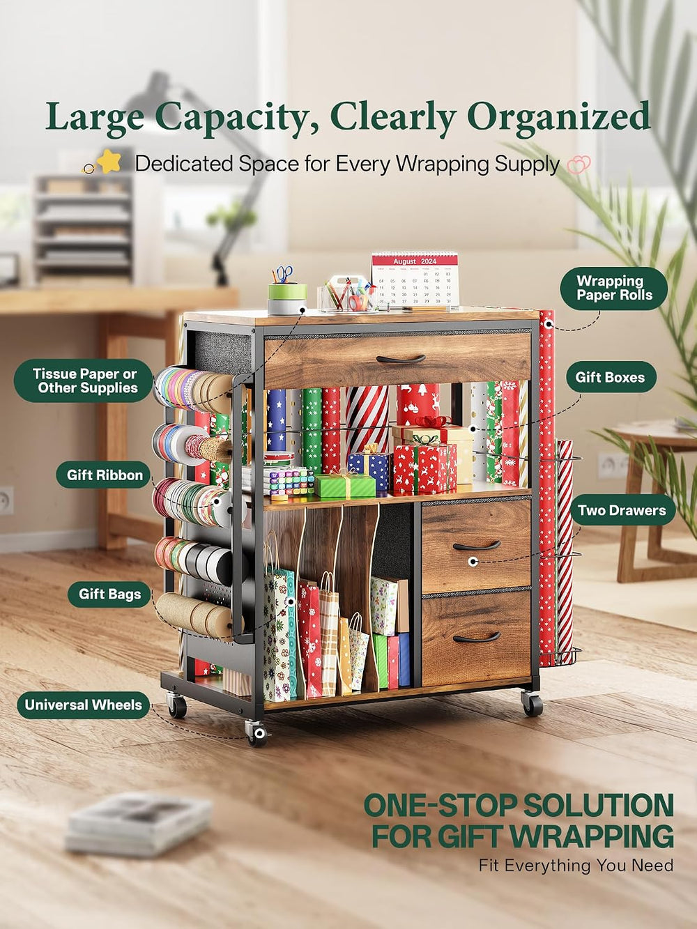 MAX Wrapping Paper Storage Cart, Up to 30 Rolls, Wood Grain