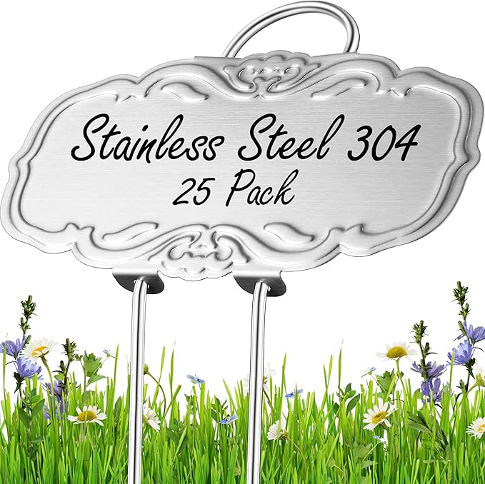Updated Metal Plant Labels for Garden, 25 Pack Stainless Steel DIY Plant Markers Waterproof for Flowers, Vegetables, Seedlings