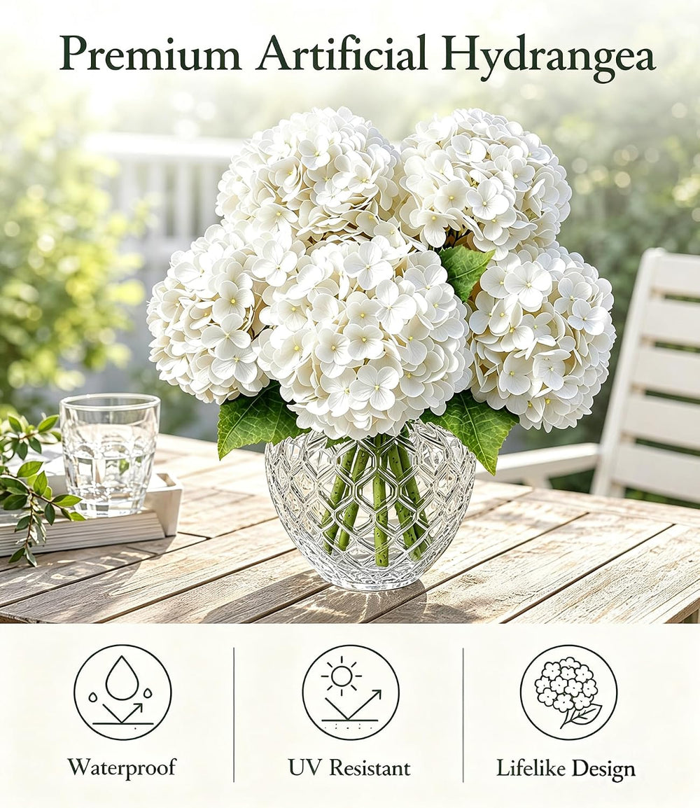 5Pcs White Faux Hydrangeas Artificial Flowers with Stems & Leaves