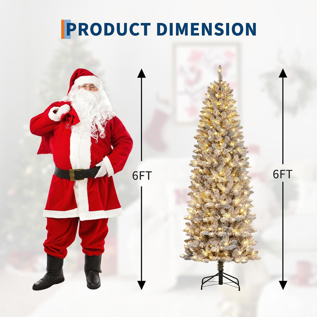 Garvee 6 ft Pencil Christmas Tree,Artificial Pre-Lit Christmas Tree,Realistic Frosted Xmas Tree Holiday Decoration, with LED Light and Metal Stand