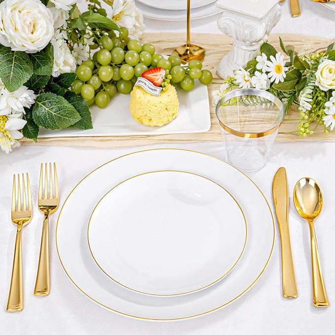 KIRE 175PCS Gold Plates Disposable - Heavy Duty White and Gold Plastic Plates Dinnerware Sets - 25 for Dinner 25 for Dessert 25 Pre Rolled Napkins and 25 Cups for Birthday/Thanksgiving Party/Wedding