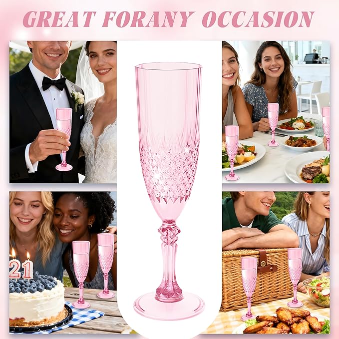 Plastic Champagne Flutes, 24PCS Pink Wine Glasses Goblets Cups Reusable Flute, for Weddings Bachelor Parties Toasting and Events (24, Pink)