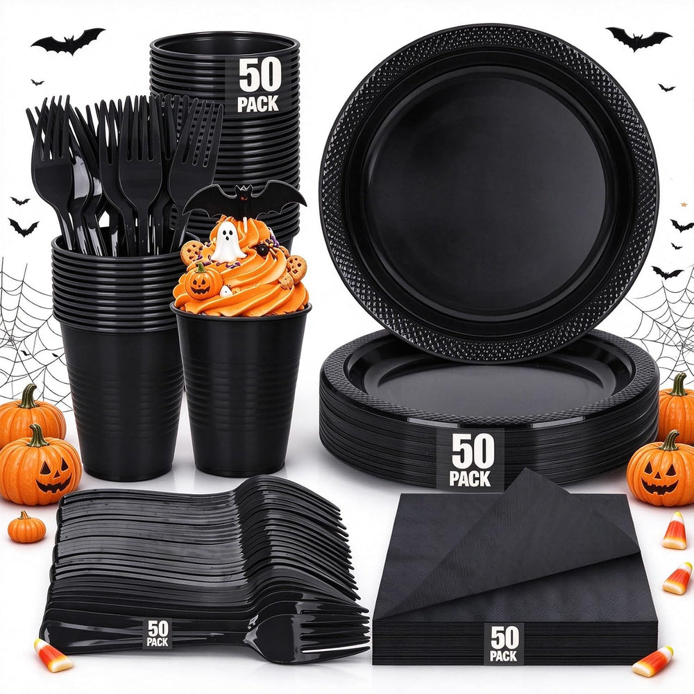 200pcs Black Plastic Party Plates Set, Disposable Black Plates and Napkins fo...