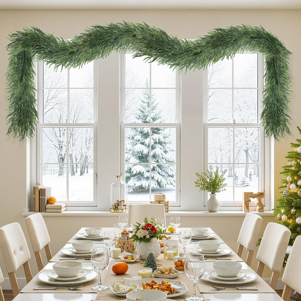 2 Pcs 9FT Artificial Norfolk Pine Garlands, Real Touch Thick Christmas Norfolk Greenery Garland for Mantle Banister Dinner Table Decor
