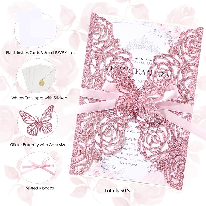 50PCS Pink Wedding Invitations Butterfly Laser Cut Invitation with Envelopes and Rsvp Card Personalized Inner Sheets for Wedding Bridal Baby Shower QuinceañEra Engagement Birthday