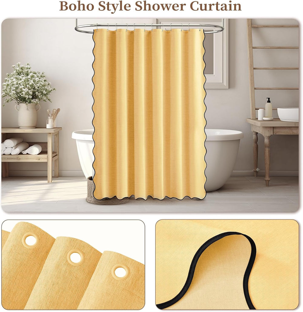 Boho Scalloped Linen Textured Cloth Shower Curtain Set, Gold, 72x90