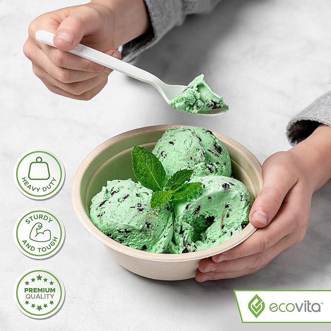 Ecovita 100% Compostable Spoons - 140 Large Disposable Utensils (6.3 in.) Eco Friendly Durable and Heat Resistant Alternative to Plastic Spoons with Convenient Tray