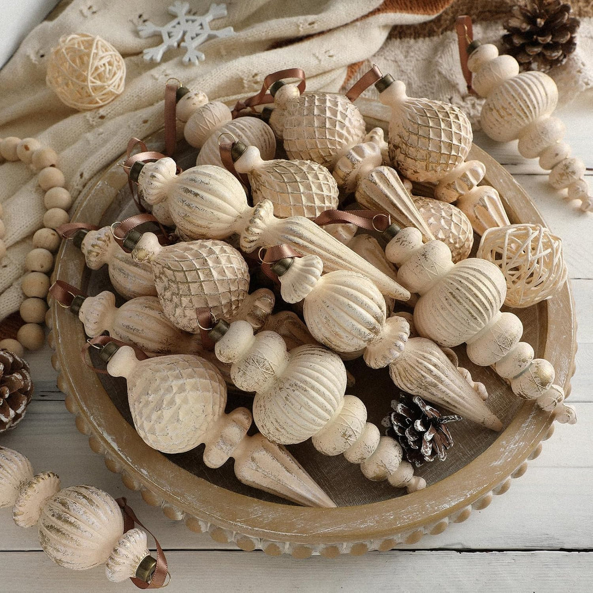 Yunlly 18 Pcs Neutral Christmas Ornaments Ivory Xmas Tree Decor