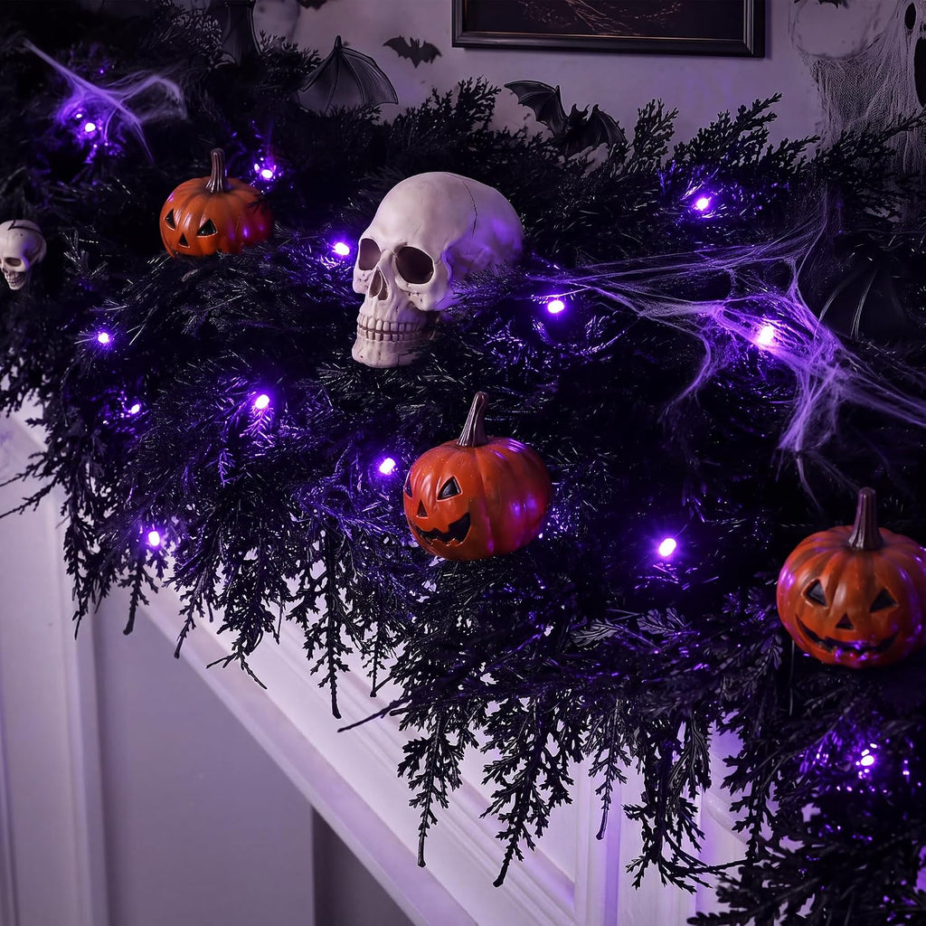 Fovths 12 Ft Pre‑Lit Black Halloween Garland, Artificial Cedar Vine Decor