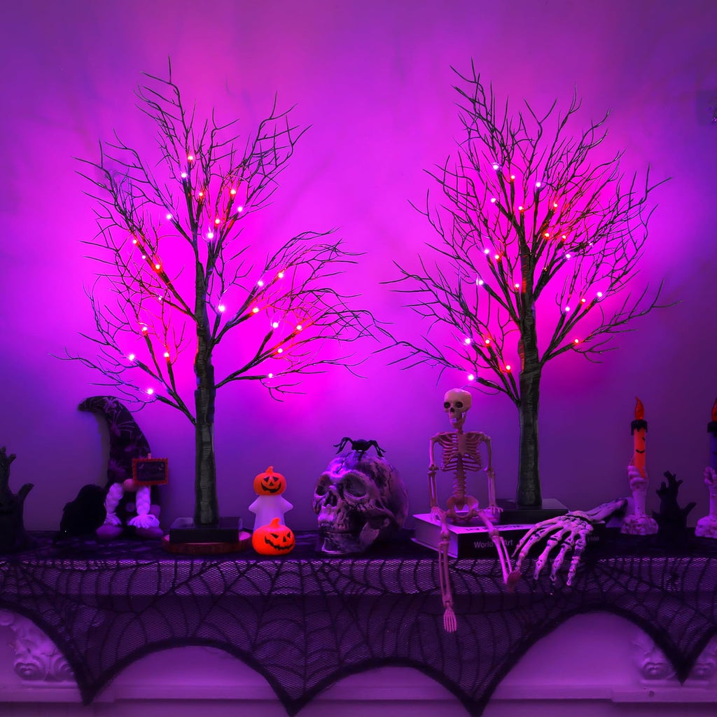 [Timer] 2 Pack Halloween Decorations Indoor, 24 Inch Lighted Black Halloween Tree with 24 Orange & Purple Lights, USB or Battery Powered Spooky Tabletop Tree for Home, Party, Fireplace & Holiday Decor