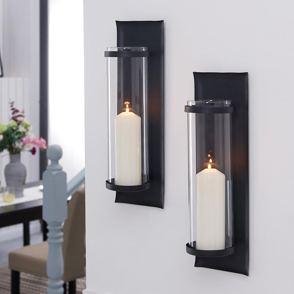 Danya B Metal Pillar Candle Sconces with Glass Inserts - A Wrought Iron Recta...