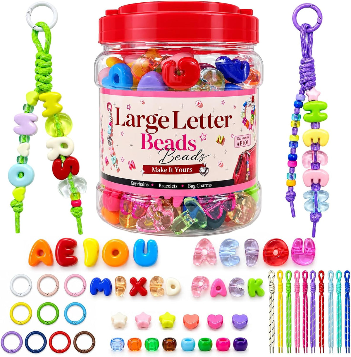 Kasmena 410Pcs Chunky Large Letter Beads DIY Keychain & Bracelet Making Kit