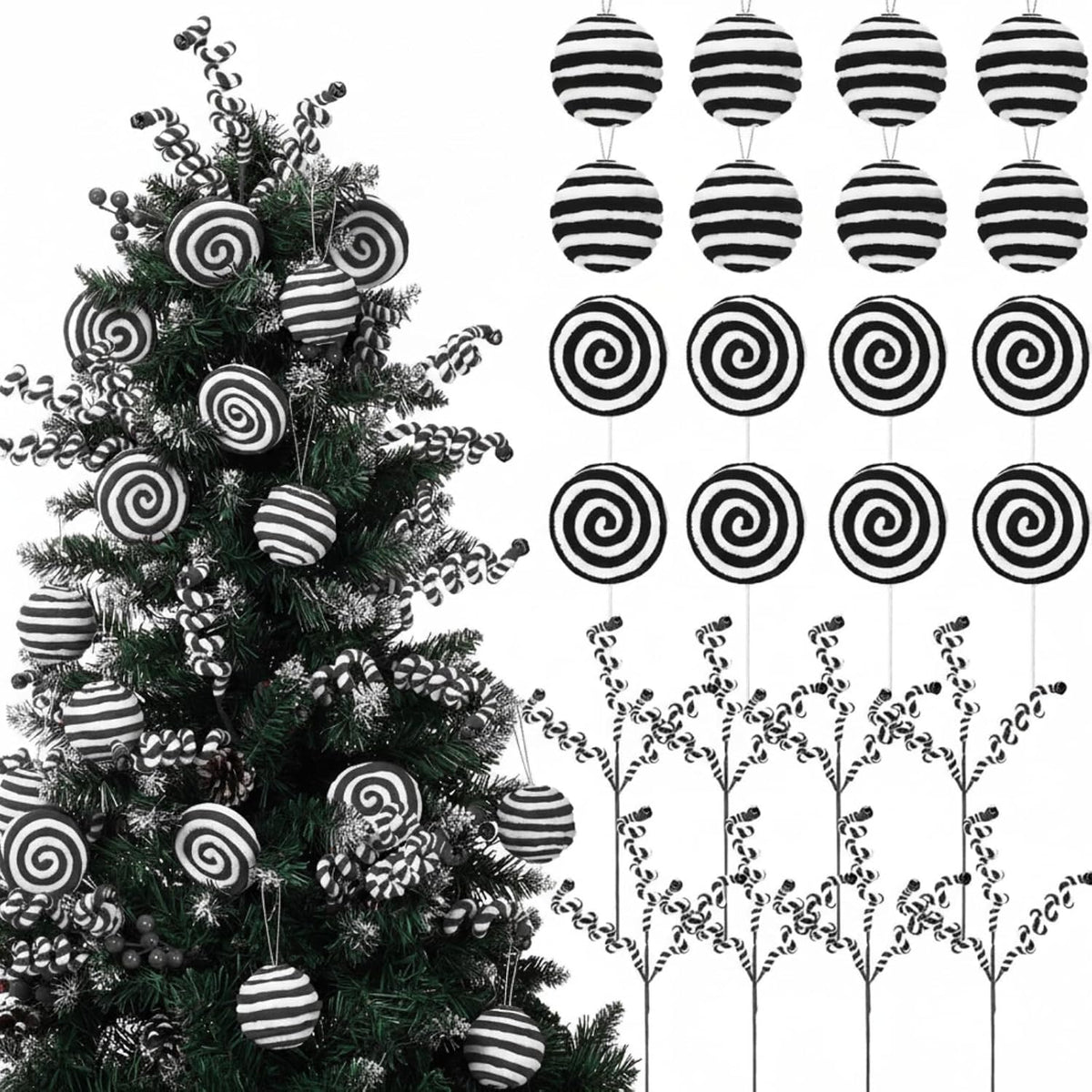 Syhood 24 Pcs Christmas Tree Black White Ornaments Fluff Christmas Balls