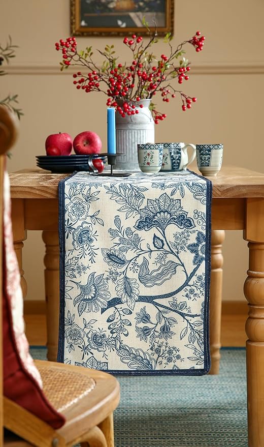 ISAENNE Designer Chinoiserie Elegant Linen Table Runner 71 Inches Long,Blue Floral Pattern Decor Table Runners for Thanksgiving,Dining Room,Banquet,Kitchen Tables,Christmas,12"*71"-Ruyi B