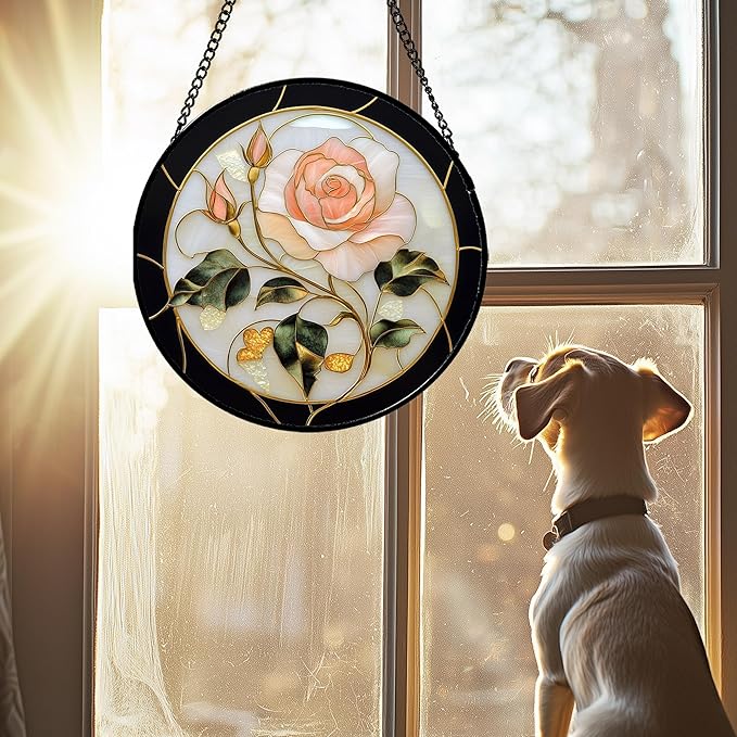 Stained Glass Window Hanging - Black White Pink Rose Sun Catcher for Door Home Decor Flower Suncatcher Christmas Mother's Day Birthday Gifts for Women Men Lovers Mom Nana 11.8 in