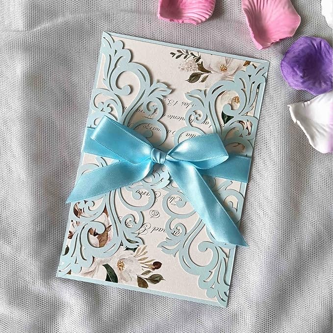 25PCS Light Blue Laser Cut Wedding Invitations Cards with Envelopes,Blank Inner Sheets,Ribbons for Wedding Bridal Shower Quinceanera Engagement Birthday Invites matte light blue B001