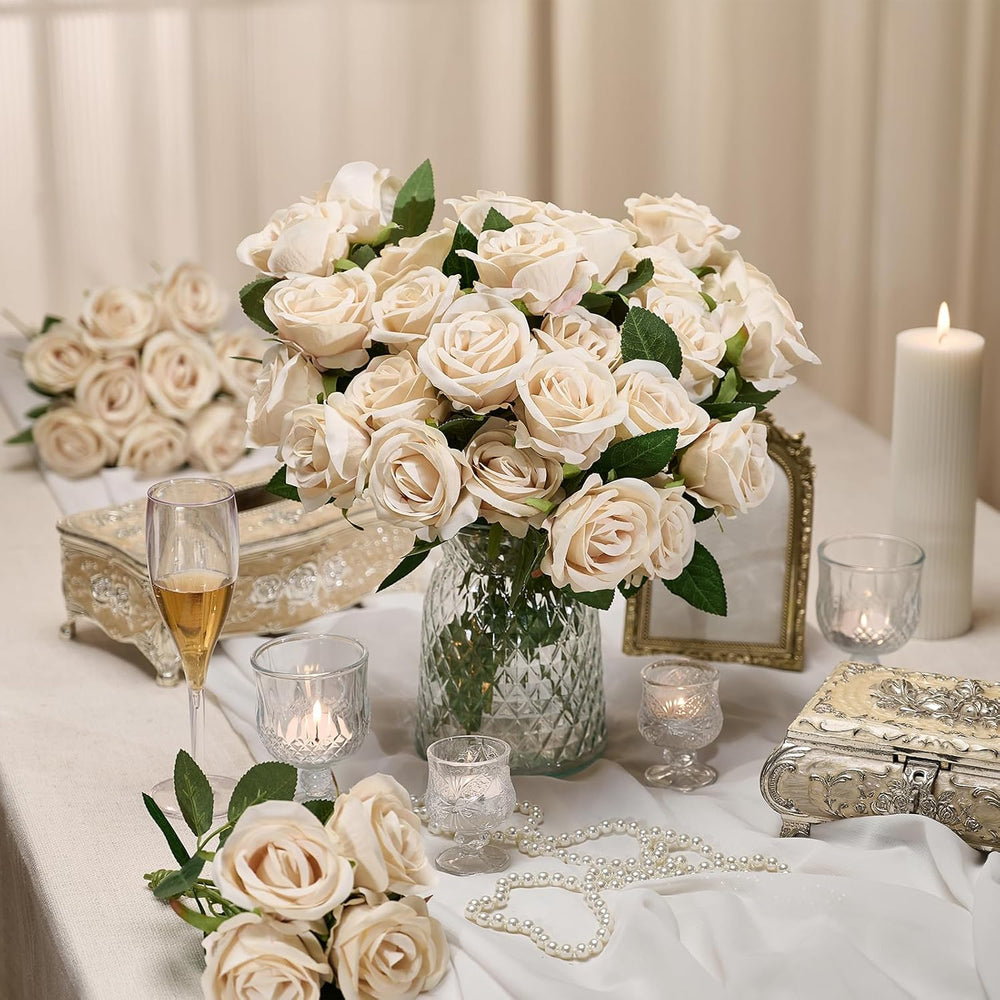 AmyHomie 48 PCS Champagne Roses, Velvet Realistic Fake Flowers w/Stems