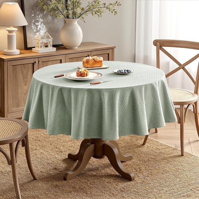 MIULEE Sage Green Linen Cottton Table Cloth Round Tablecloth Waterproof Spillproof Cross-Star Textured Table Cltoth Decorative Farmhouse Style for Dining Party Weddings 60 Inch