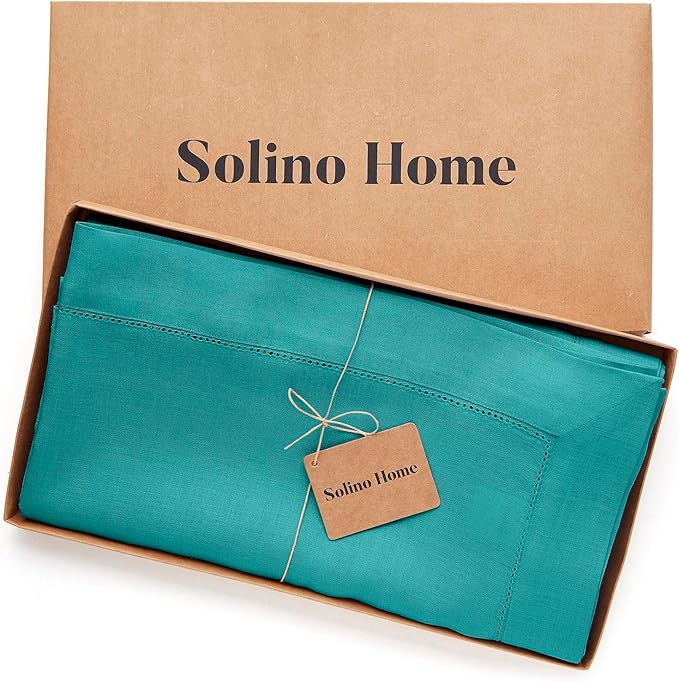 Solino Home Linen Tablecloth 60 x 144 Inch - Classic Hemstitch 100% Pure Linen Teal Table Cloth for Rectangle Tables - Machine Washable Tablecloth for Fall, Autumn