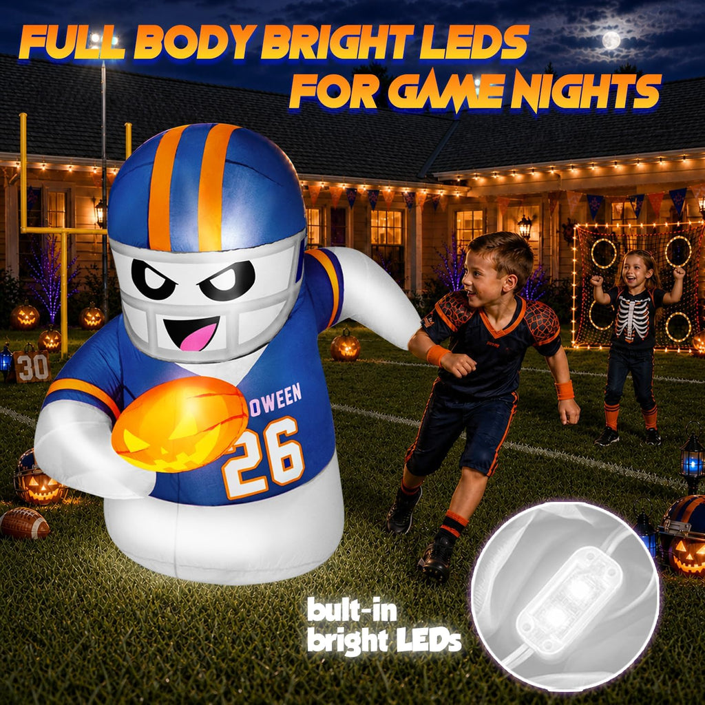 5FT Halloween Inflatables Decorations Outdoor Football Player Ghost Built-in Full-Body Bright LEDs Cute Halloween Blow Up Yard Decoration with Pumpkin Sports-Themed Blowups Lawn for Party