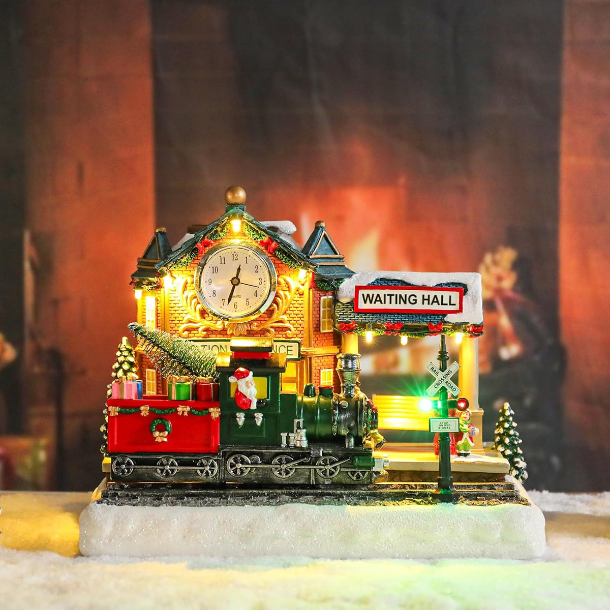 vipush christmas village house decorations resin railway station shown in use