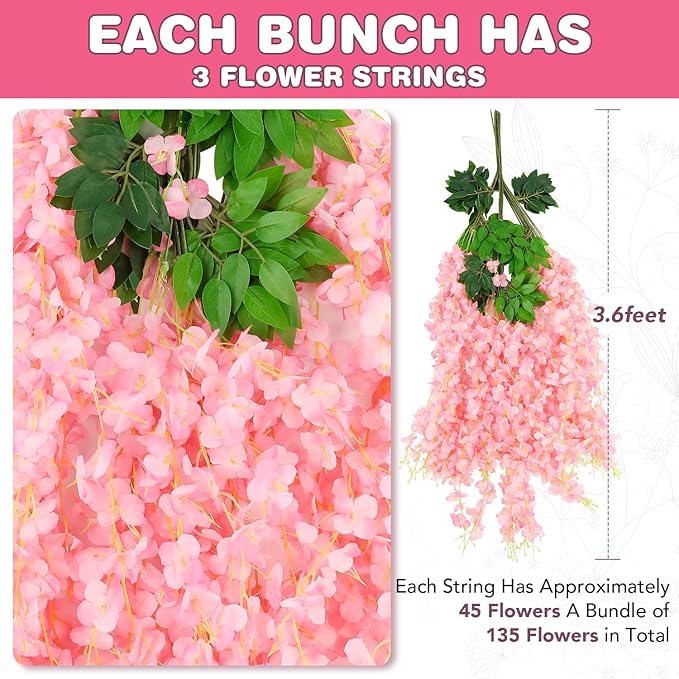 Wisteria Hanging Flowers,Fake Hanging Flowers,Wisteria artificiales Garland for Home Wedding Arch Floral Party Garden Ceremony Outdoor Decor,3.6 feet Long(48,Pink) (48 Pack)