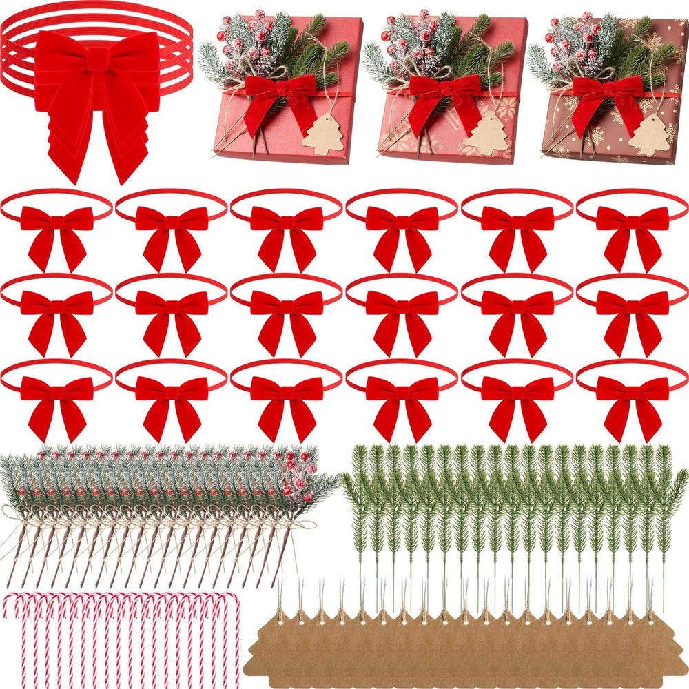 106 Pcs Christmas Elastic Bows for Gift Wrapping, Velvet, Red