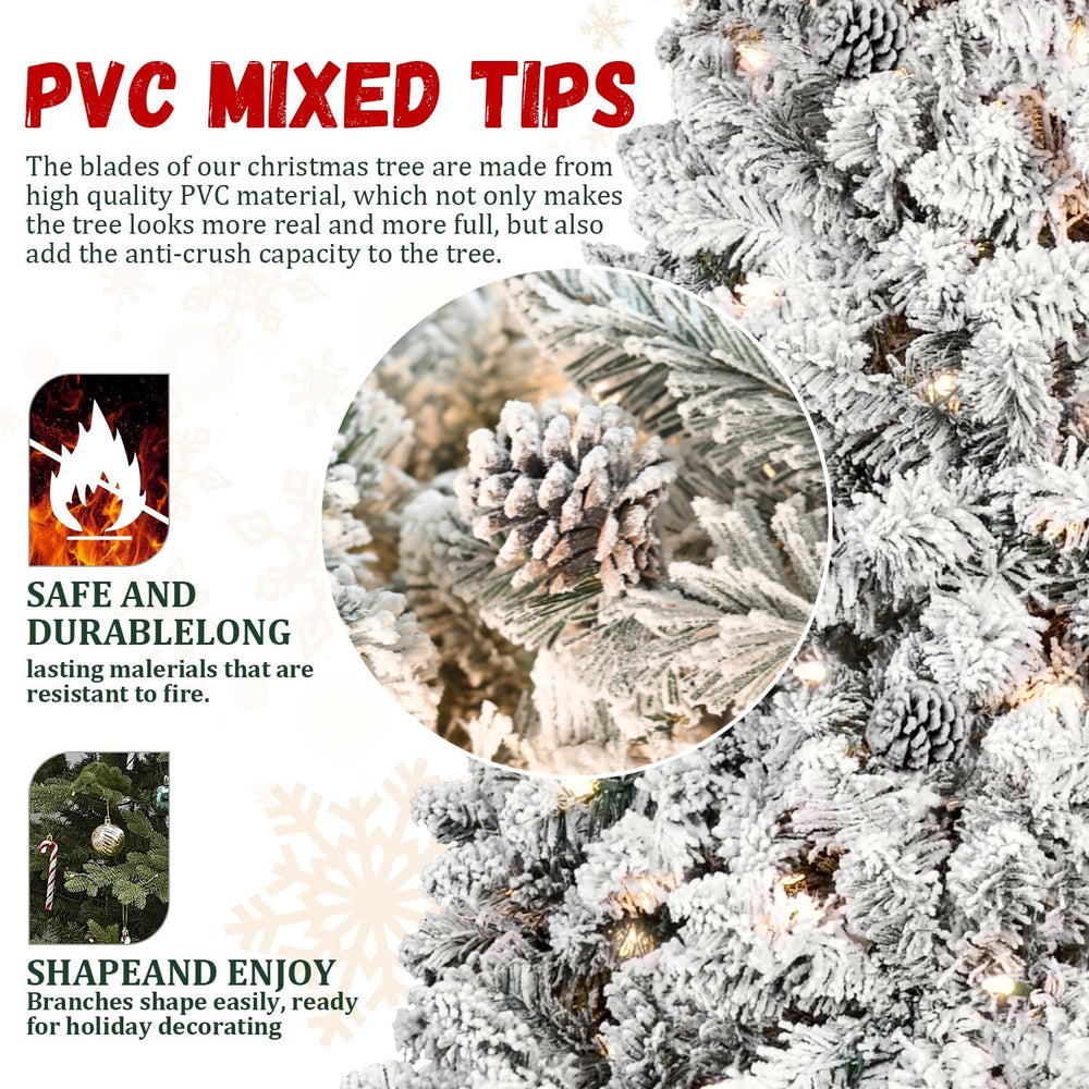 7FT Prelit Flocked Christmas Tree with Pine Cone, Premium Artificial Christma...