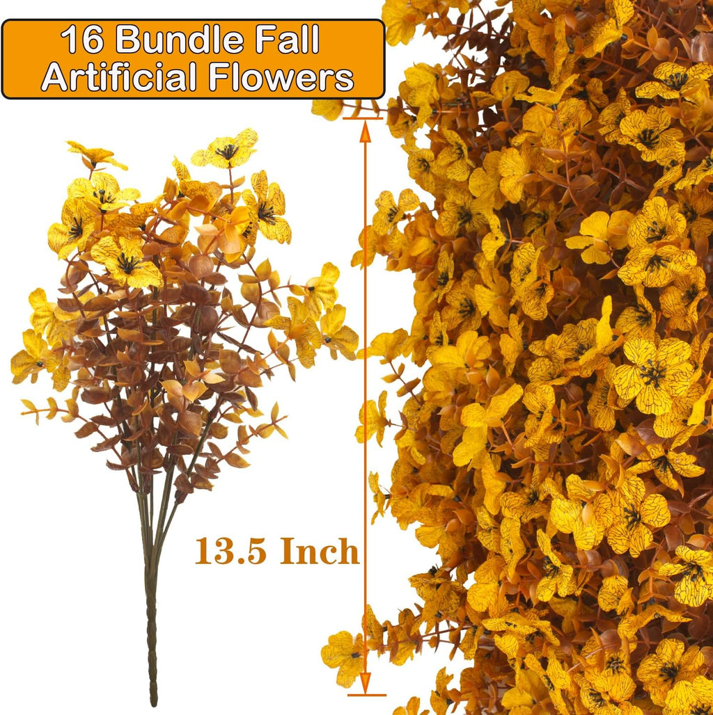 Grunyia 16 Bundles Artificial Fall Mums Outdoor UV Resistant, Fake Silk Plants No Fade Faux Greenery for Garden Porch Patio - Autumn Thanksgiving Christmas Home Decor (Fall Yellow)